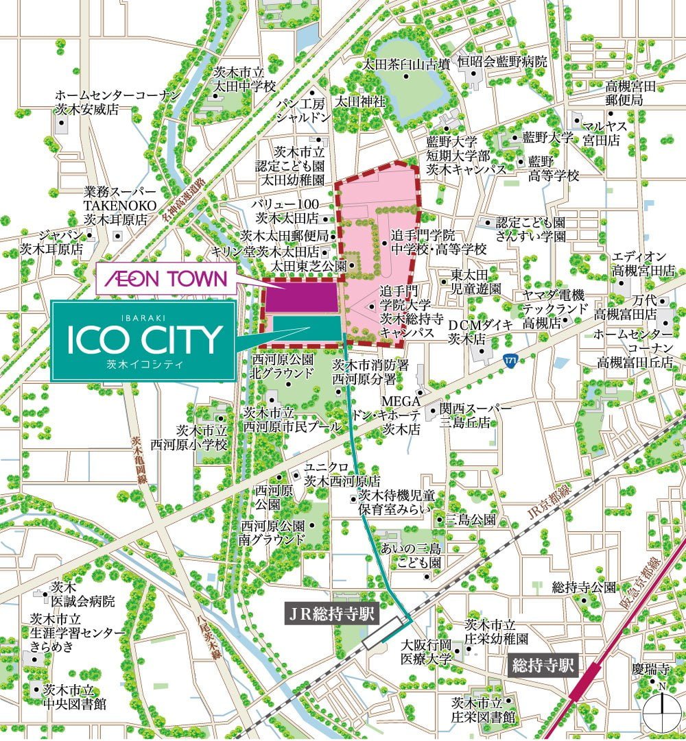 茨木イコシティの周辺案内図
